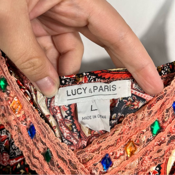 Vintage Y2K Lucy & Paris Silk & Lace Layered Colorful Rhinestone Tank Top Large - Picture 2 of 6